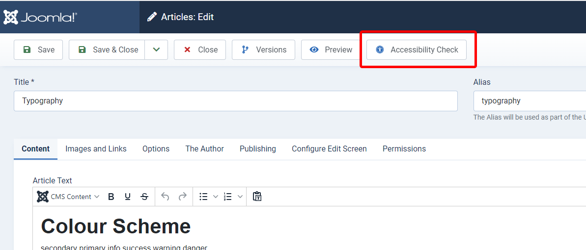 The Joomla article editor with the accessibility check button highlighted