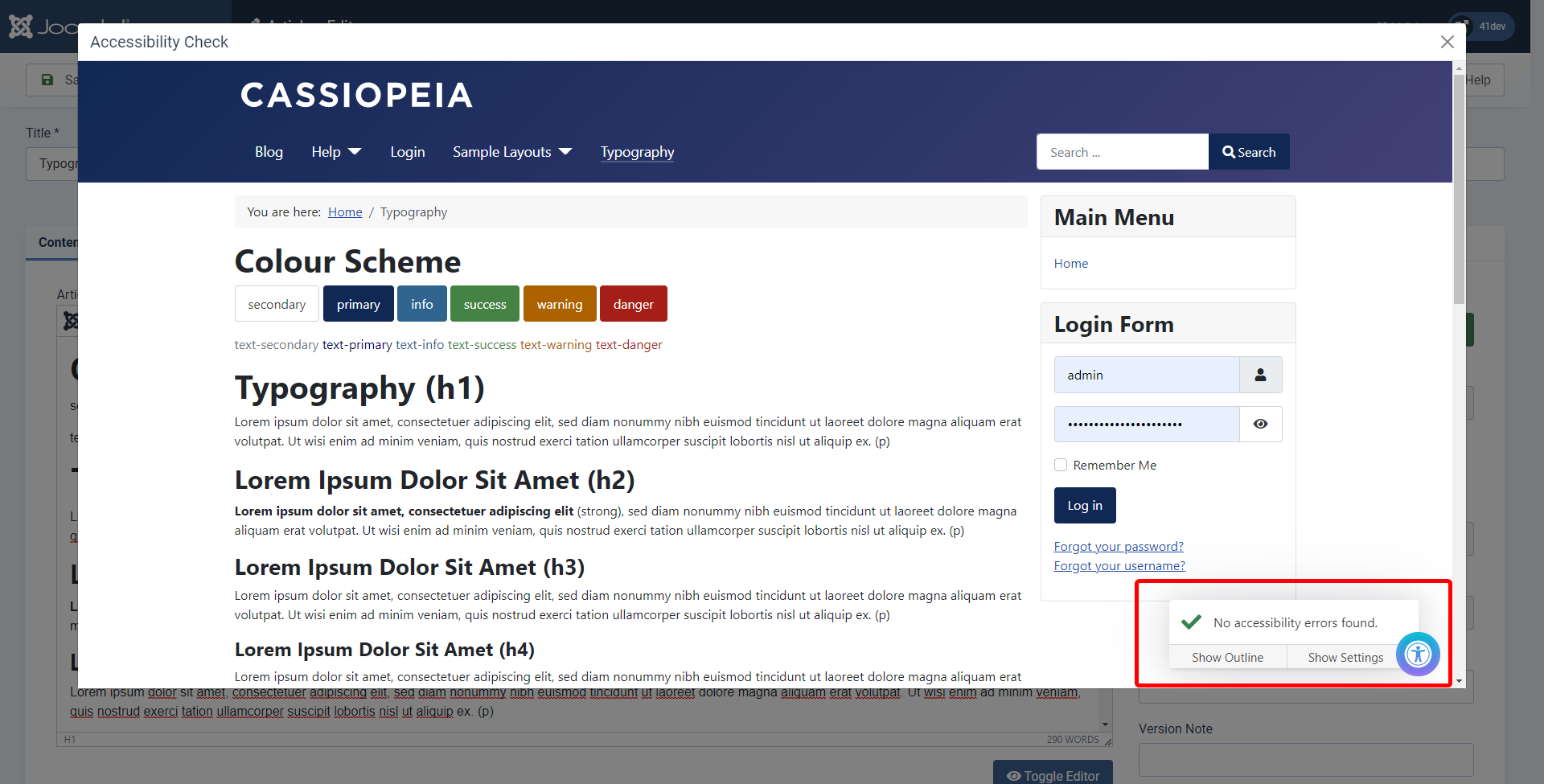 Modal window of the current article with the accessibility checker highlighted