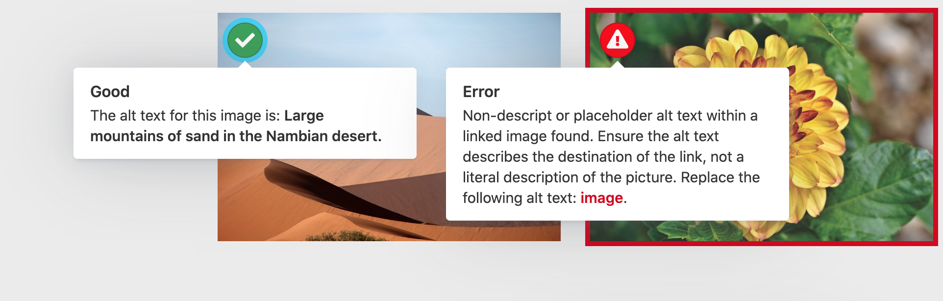 Screenshot of two images. One with a Good button, and the other with an Error button and red border. Long description below.