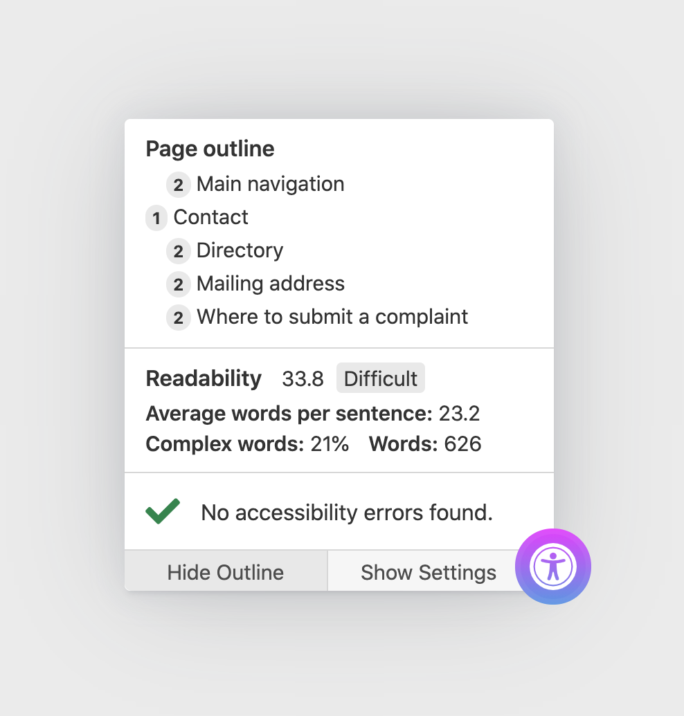 Screenshot of the Readability panel within Page Outline. Readability section shows the score out of 100, difficulty, average number of words per sentence, percentage of complex words, and total words.